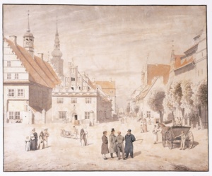 C.D.Friedrich- Marktplatz in Greifswald 1818, Aquarell © Original im Besitz des Pommerschen Landesmuseums Aquarell von Caspar David Friedrich aus dem Jahre 1818, Familie auf dem Markplatz 9e