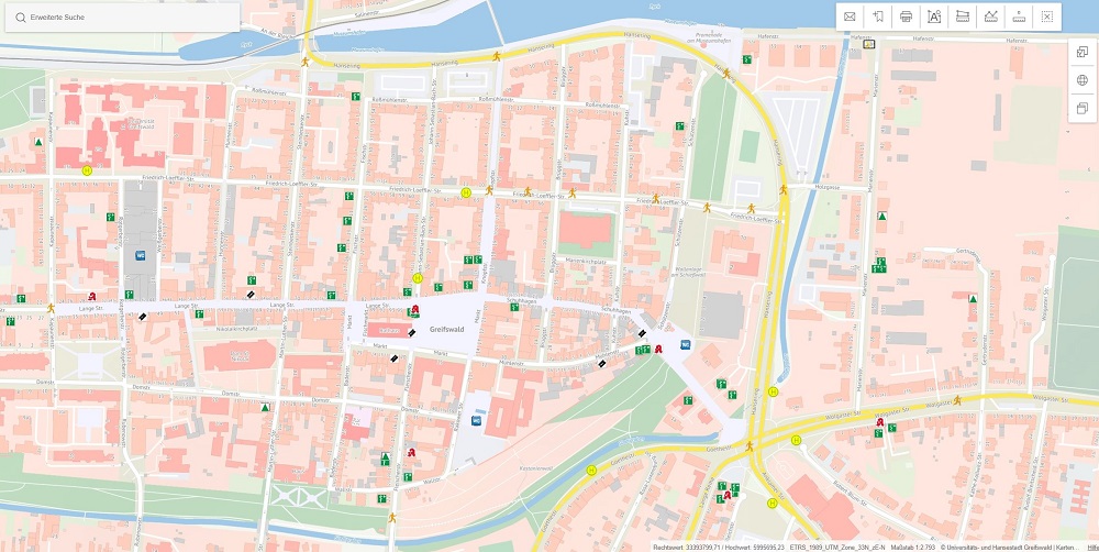 Ansicht der Stadtkarte zum seniorenfreundlichen Greifswald im Geoportal