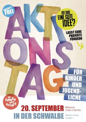 Plakat Kinderaktionstag 2023 © Kinderbeauftragte der Universitäts- und Hansestadt Greifswald Unter dem Motto "Alle Kinder haben Rechte" findet am 20. September von 14 bis 17 Uhr in der Schwalbe ein Aktionstag für Kinder- und Jugendliche statt
