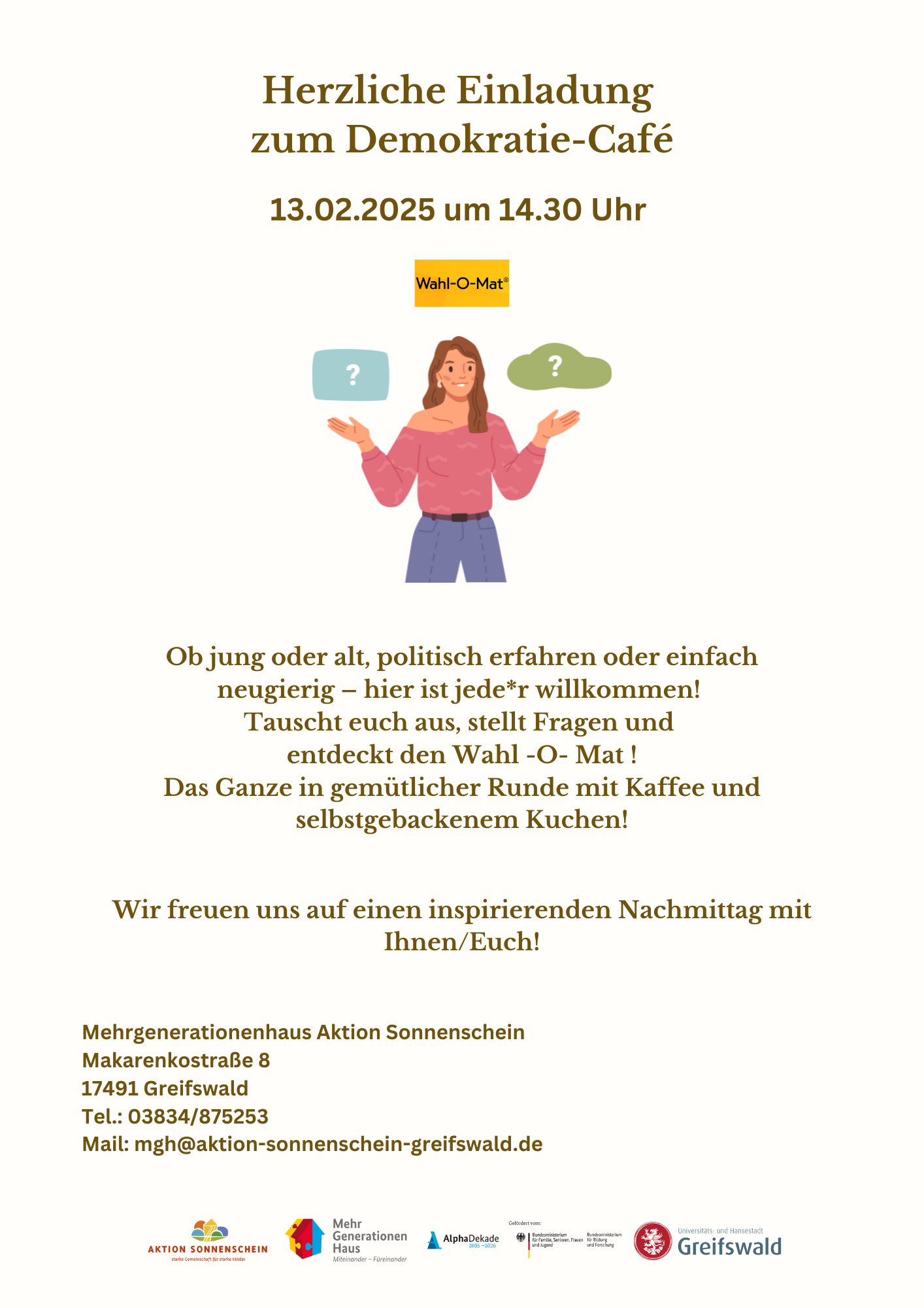 Demokratie-Café mit Wahl-O-Mat am Do., 13.02. um 14:30 Uhr im Mehrgenerationenhaus Aktion Sonnenschein in der Makarenkostraße 8