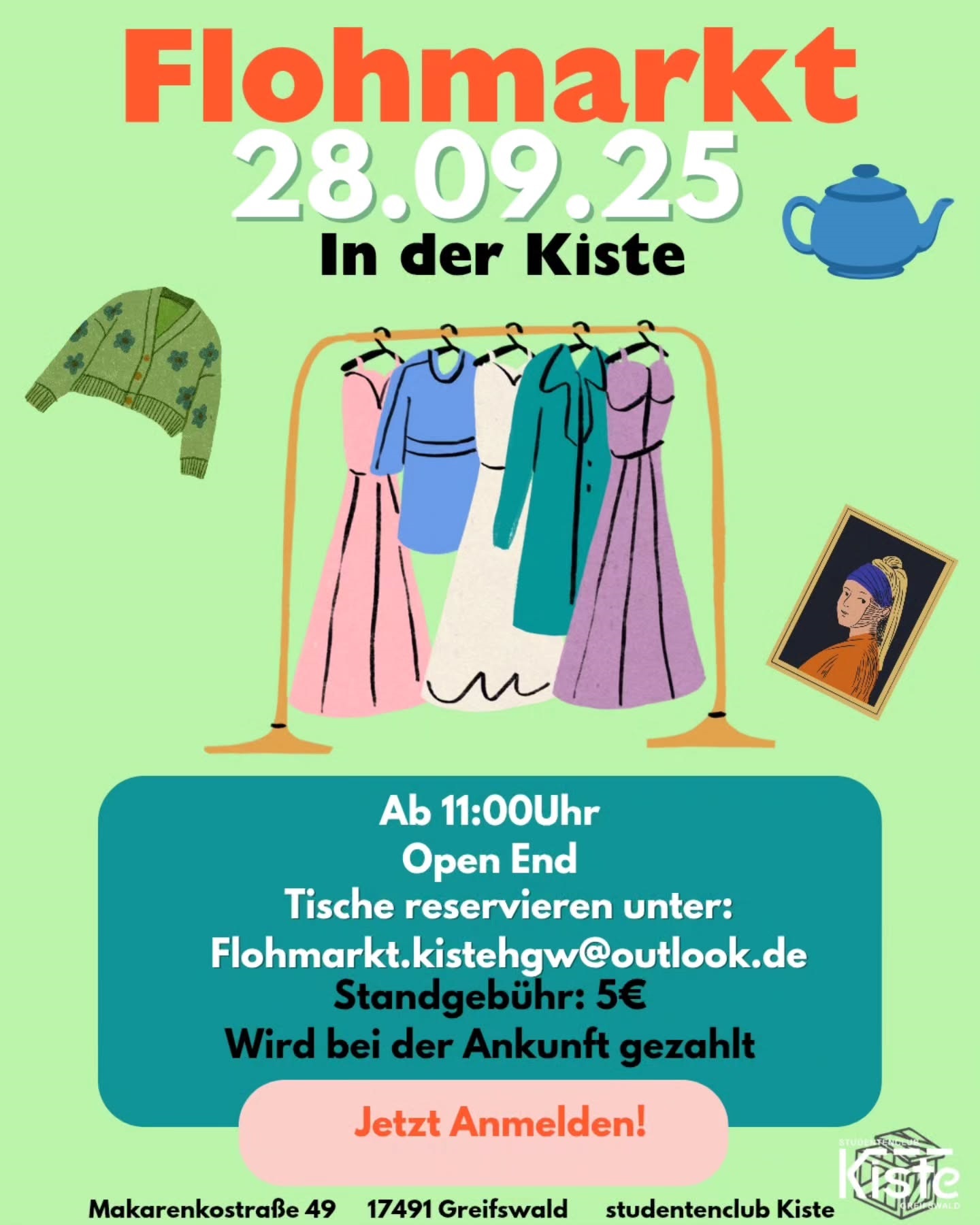 Flohmarkt in der Kiste am So., 28.09. ab 11:00 Uhr im Studiclub Kiste in der Makarenkostraße 49
