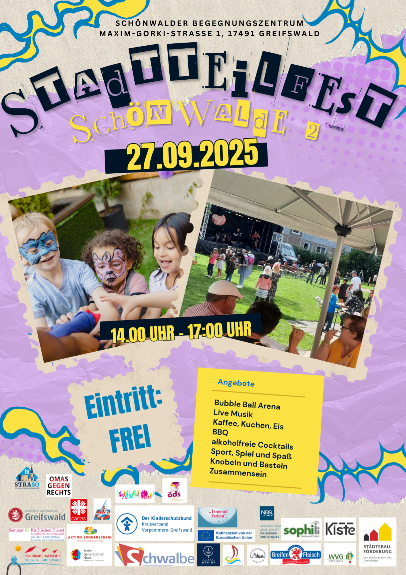 Stadtteilfest in Schönwalde 2 am Sa., 27.09. von 14:00 bis 17:00 Uhr an der Schwalbe in der Maxim-Gorki-Straße 1
