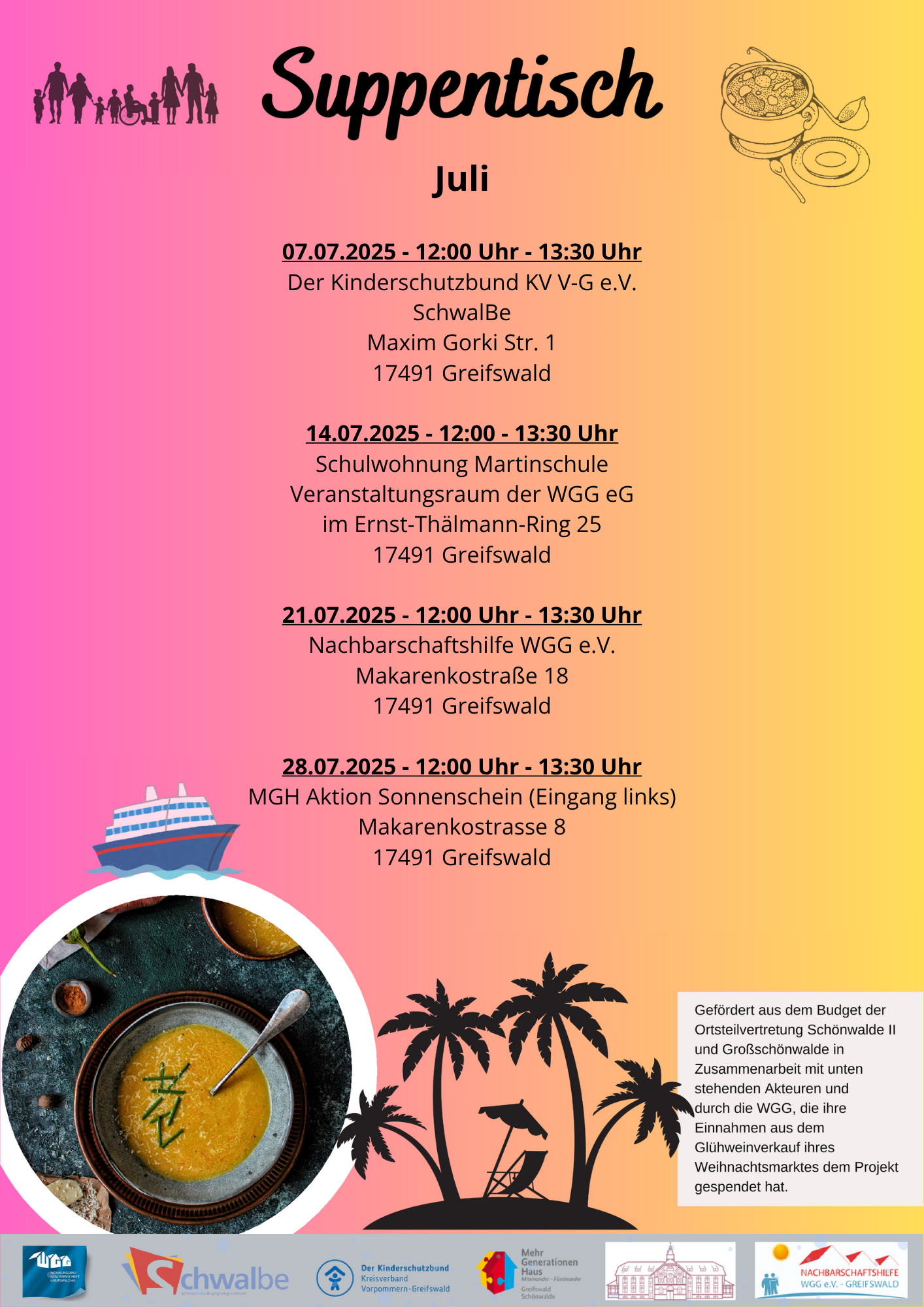 Suppentisch in Schönwalde 2, immer montags 12:00 Uhr an wechselnden Orten