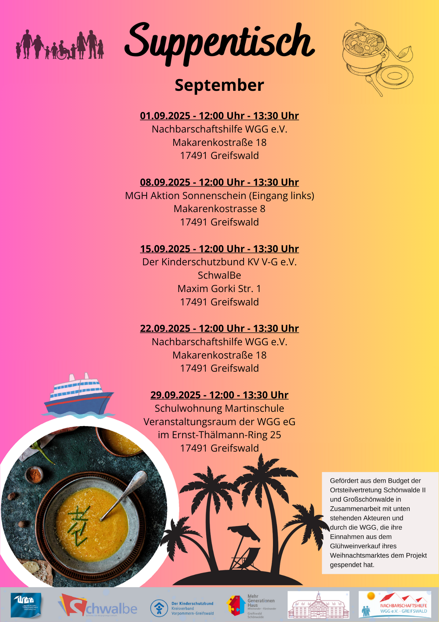 Suppentisch in Schönwalde 2, immer montags 12:00 Uhr an wechselnden Orten