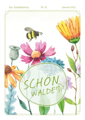 Mehrgenerationenhaus Aktion Sonnenschein Titelseite der Stadtteilzeitung-Schönwalde 2 Nr. 52 Sommer 2022: Übergezeichnete Blumen fliegt eine Biene