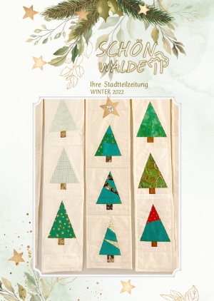 Mehrgenerationenhaus Aktion Sonnenschein Titelseite der Stadtteilzeitung Schönwalde 2 Nr. 54 Winter 2022: Auf Stoffen sind Weihnachtsbäume aufgenäht
