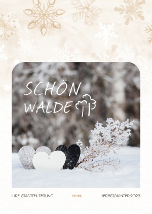 Mehrgenerationenhaus Aktion Sonnenschein Titelseite der Stadtteilzeitung Schönwalde 2 Nr. 56 Winter 2023: Drei Herzen und verschneiter Zweig liegen im Schnee