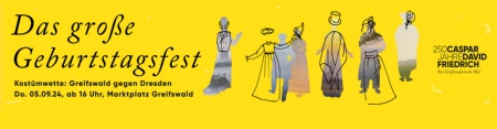 gelbes Plakat zum Geburtstagsfest für Caspar David Friedrich und Aufruf zur Kostümwette
