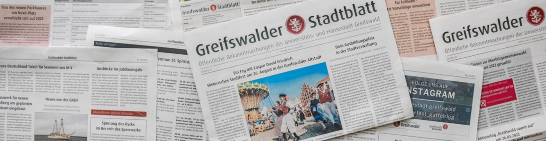 Greifswalder Stadtblatt © Pressestelle der Universitäts- und Hansestadt Greifswald Mehrere gedruckte Zeitungen des Greifswalder Stadtblattes liegen quer übereinander