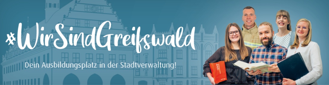 Bühnenbild Azubis_011 © Foto: Philipp Marthaler, Gestaltung: Uwe Gildhorn Die Auszubildenden der Stadtverwaltung sind auf einem blauen Hintergrund neben dem Slogan "Dein Ausbildungsplatz in der Stadtverwaltung" zu sehen
