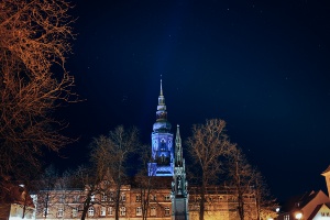 Dom St. Nikolai © Philipp Marthaler Der blau angestrahlte Dom hinter einer Häuserfassade