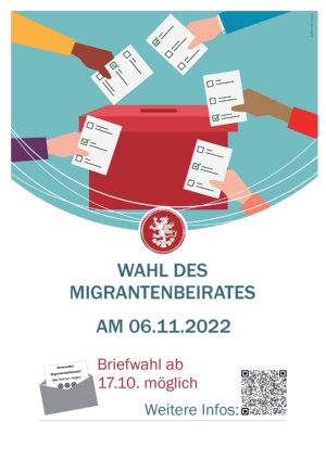 Plakat Wahl zum Migrantenbeirat © Universitäts- und Hansestadt Greifswald Plakat zur Wahl zum Migrantenbeirat am 6. November 2022 in Greifswald