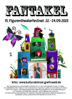 Kulturzentrum St. Spiritus Plakat für das 15. Figurentheaterfestival "FANTAKEL" vom 22. bis 24. September 2023 in Greifswald