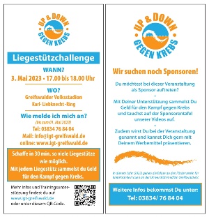 Liegestützchallenge © IGT Greifswald Die Liegestützchallenge "Up & Down gegen Krebs" findet am 3. Mai 2023 von 17 bis 18 Uhr im Volksstadion statt