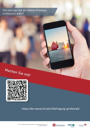Plakat Kundenbefragung für Digitalisierungskonzept Innenstadt © Greifswald Marketing GmbH Wie nehmen Sie die Online-Präsenz Greifswalds wahr? ist eine Leitfrage auf dem Plakat zur Kundenbefragung für Digitalisierungskonzept Innenstadt