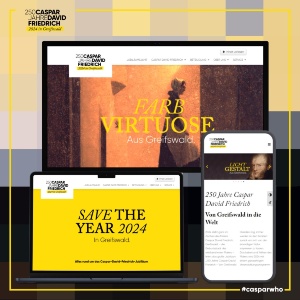 Neue Webseite CDF-Jubiläum © CDF-Jubiläumsbüro der Universitäts- und Hansestadt Greifswald Neue Webseite zum 250. Jubiläum von Caspar David Friedrich auf dem Laptop und dem Smartphone