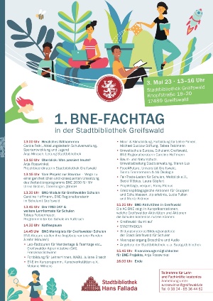 Programm BNE-Fachtag © BNE-Arbeitsgruppe der Stadtverwaltung Programmpunkte, Vorträge und Gesprächsrunden zum 1. BNE-Fachtag in der Stadtbibliothek Greifswald