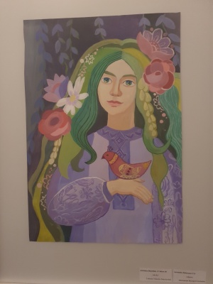 Ausstellung von Kinderbildern aus Drohobytsch in der STRAZE, Foto Anett Wagemann (42) © Anett Wagemann gemaltes Bild von einem Mädchen mit Vogel auf dem Arm - es gehört zu einer Ausstellung von Kinderbildern aus Drohobytsch, die in der STRAZE gezeigt werden
