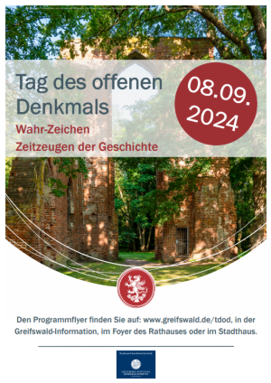 Plakat Tag des offenen Denkmals in Greifswald 2024 © untere Denkmalschutzbehörde Plakat zum Tag des offenen Denkmals in Greifswald mit Motiv der Klosterruine Eldena