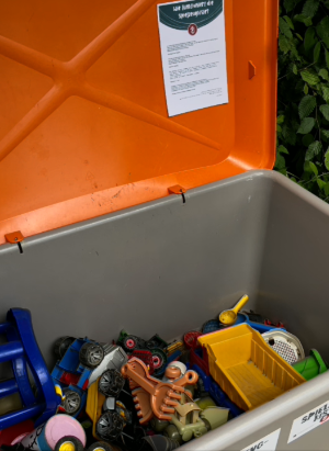 Spielzeugkisten auf Spielplätzen (c) Kassandra Engel © Kassandra Engel Blick in die Spielzeugkiste mit verschiedenen Spielsachen wie Sandspielzeug und Fahrzeugen