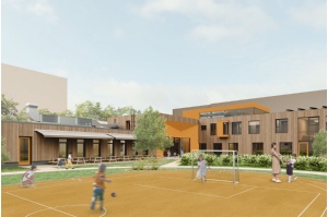 matrix architektur Visualisierung der Ansicht des Hofs zum Neubau der Kita Regenbogen