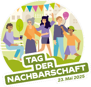 Grafik zum Tag der Nachbarschaft mit mehreren Menschen und Wimpeln