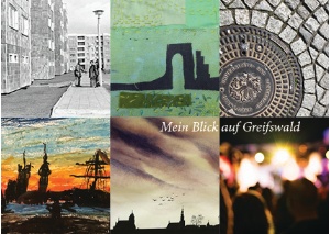 Abbildungen von links oben nach rechts unten: Dieter Ahrendt, Ilona Schwenn, Foto Marktplatz (St. Spiritus), Juliane Rosswinkel, Michael Luhn, Wally Pruß Ausstellung "Mein Blick auf Greifswald"